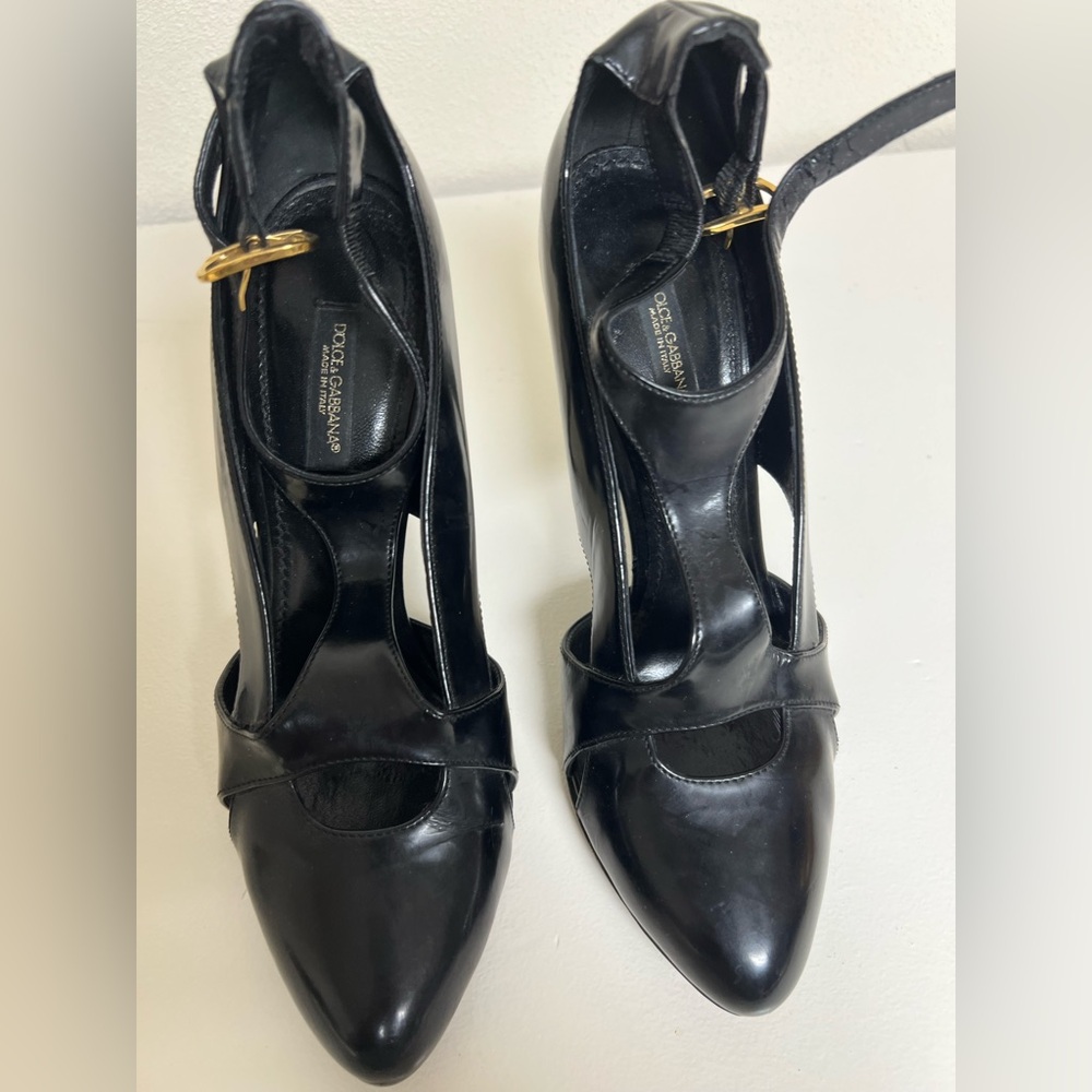 Dolce & Gabbana Black Leather Heels with Gold Accent
